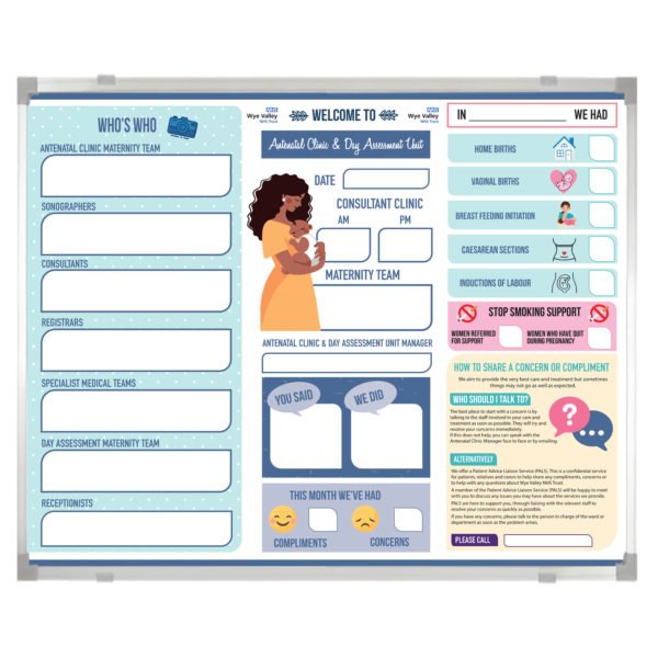 <div class="h4"><B>Wye Valley NHS Trust</B></div><div class="caption-text">A 150 x 120 cm Ward Maternity Board for the Antenatal Clinic and Day Assessment Unit</div>