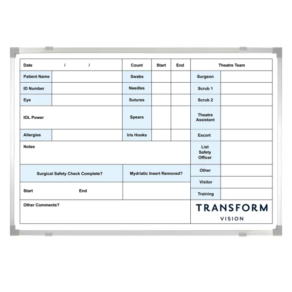 <div class="h4"><B>Transform Hospital Group</B></div><div class="caption-text">Custom printed theatre swab boards size 90 x 60 cm magnetic and dry erase with 10 year surface guarantee</div>