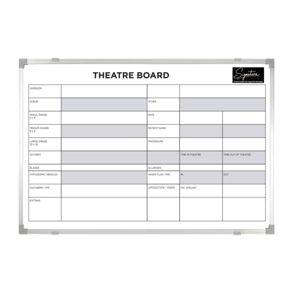 <div class="h4"><B>Transform Hospital Group Theatre Board</B></div><div class="caption-text">This 90 x 60cm Theatre Board features a large logo printed in the upper right corner, as well as an easy to read table to keep track of various healthcare equipment. The design uses simple 3 colours to allow for quick checking and easy reading. </div>