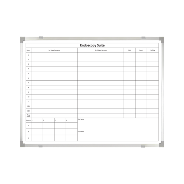 <div class="h4"><B>Endoscopy Suite Ward Board</B></div><div class="caption-text">NHS Ayrshire and Arran got in touch with us to create this 120 x 90cm Ward Board to be used in their Endoscopy Suite to keep track of their Rooms and Recovery Stages. The design is logo less and makes full use of the board size.</div>