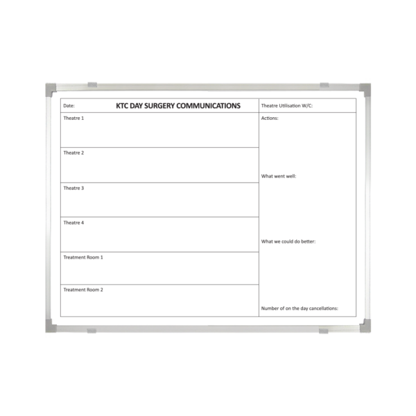 <div class="h4"><b>Worcestershire Acute Hospitals NHS Theatre Board</b></div><div class="caption-text">For this 120 x 90cm board, Worcestershire Acute Hospitals required a board for their Surgery Communications. The table allows for multiple theatres to converse using the boards handy sections. 
</div>