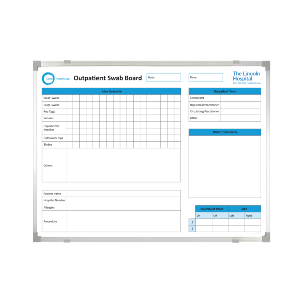 <div class="h4"><b>Circle Business Services Swab Board</b></div><div class="caption-text">This 120 x 90cm board is split into 5 main sections to keep track of various different equipment types, teams and patient information. Alongside the design, the Hospital have also featured their Business logo and the Hospital Branch logo over each side of the board.
</div>