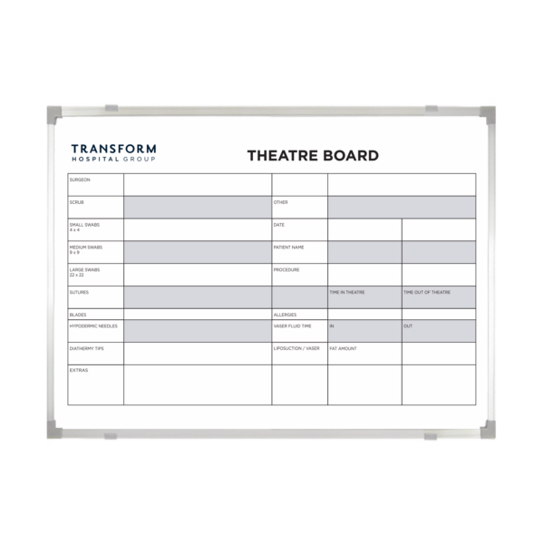 <div class="h4"><b>Transform Hospital Group Theatre Board</b></div><div class="caption-text">This 90 x 60cm Theatre Board for the Transform Hospital Group features a design easily used for checking patient info at a glance. </div>