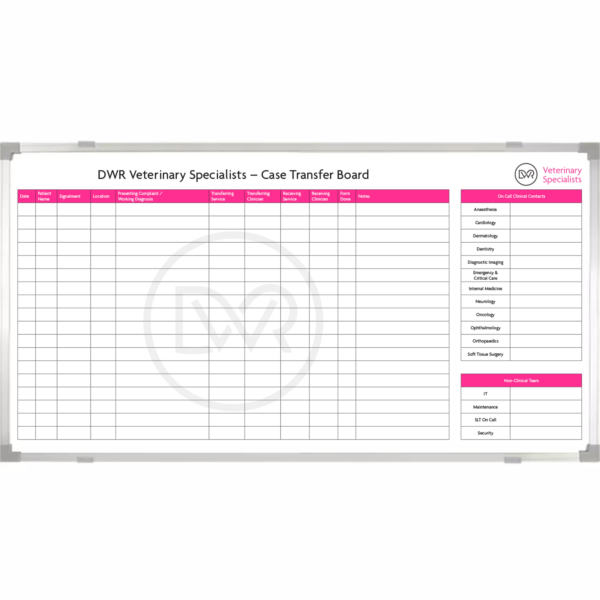 <div class="h4"><b>Dick White Referrals</b></div><div class="caption-text">Dick White Referrals came to us to create their 240 x 120cm board for their Veterinary Practise. The board features a clear table chart for their Case Transfers. The bright pink colour allows for a strong visual identity alongside the large logo background that makes the board uniquely theirs. </div>